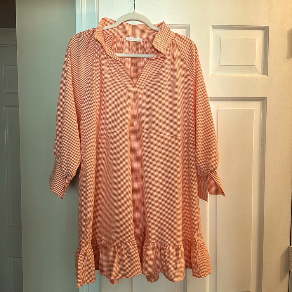 Karlie size M orange and white gingham dress. Hits above knee.